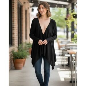 Talia‎ Blouse Womens Medium Black Cotton Stretch Asymmetrical Hem Plunge V-Neck